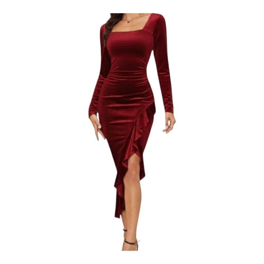 NASHALYLY Velvet Bodycon Mermaid Dress Christmas Holiday Party Wine Red M Maroon